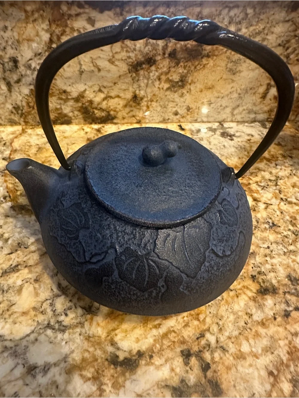 TeaVana Blue Cast Iron Teapot & Cups w/Floral Design & Black & Red Lacquer Tray